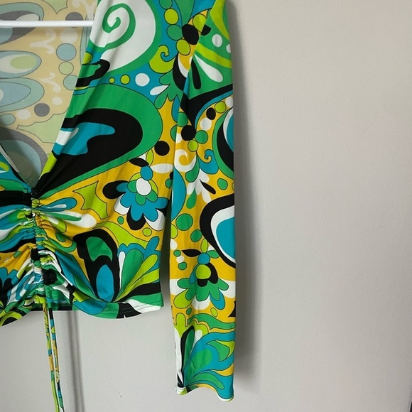Zara Yellow Green 70’s Groovy Long Sleeve Crop Blouse - Picture 2 of 7
